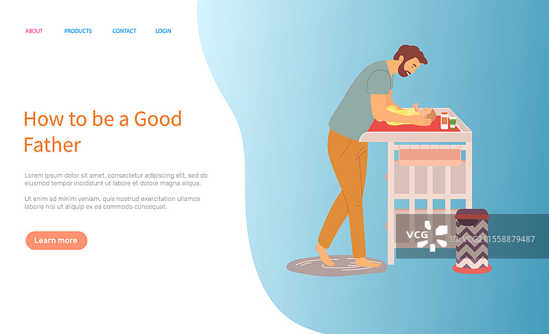 父亲为新生儿换尿布的矢量图，爸爸和孩子躺在桌子上，框架图片，家庭关怀，父亲节的着陆页。父亲关心孩子，桌上的新生儿。图片素材