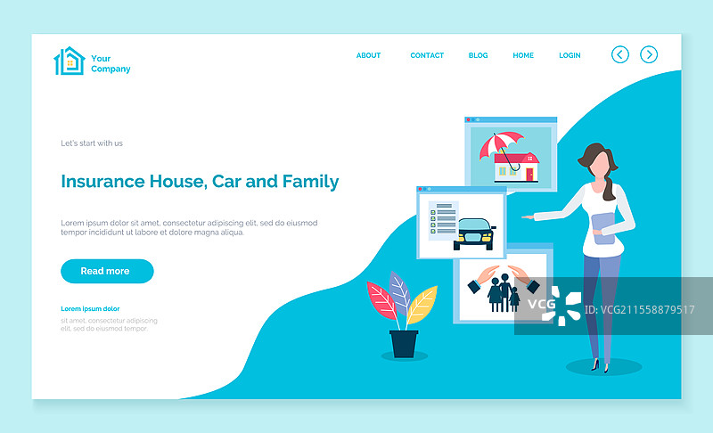 保险公司代理指向房屋、汽车和家庭的安全与保障。投保财产，保护家庭和亲人。网站或网页模板上的顾问，着陆页矢量图。汽车、房屋和家庭保险公司网站。图片素材
