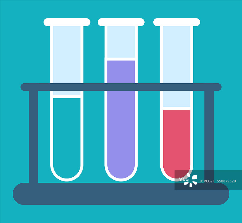 试管中盛有彩色液体，实验室元素。分析从蓝色背景中孤立的玻璃测试结果。物质倒入试管的栅格图。带有试管的医疗程序诊断矢量。带有倒入试管的医疗程序矢量。图片素材
