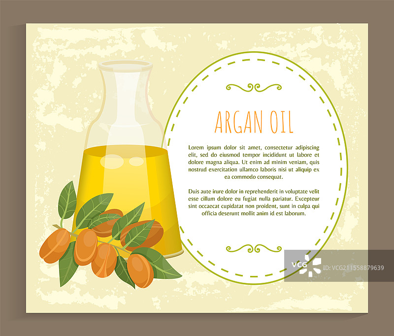 玻璃瓶内装有金色液体。带有棕色坚果的阿甘树枝。文本，关于瓶中阿甘油的信息。该产品用于美容行业，如护发。矢量插图。关于瓶中阿甘油的信息，阿甘树。图片素材