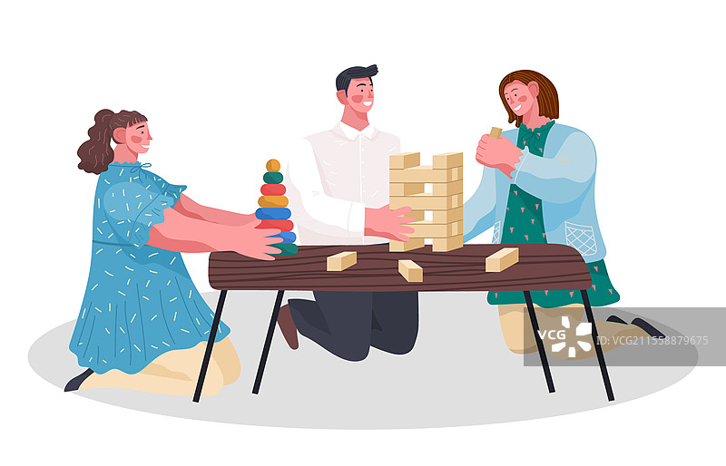 母亲、父亲和女儿在家中接待时玩得很开心。家庭在休闲时间一起玩游戏。桌子上有木块塔。男人、女人和孩子在白色背景下。矢量插图。人们玩叠叠乐，家庭一起享受乐趣。图片素材