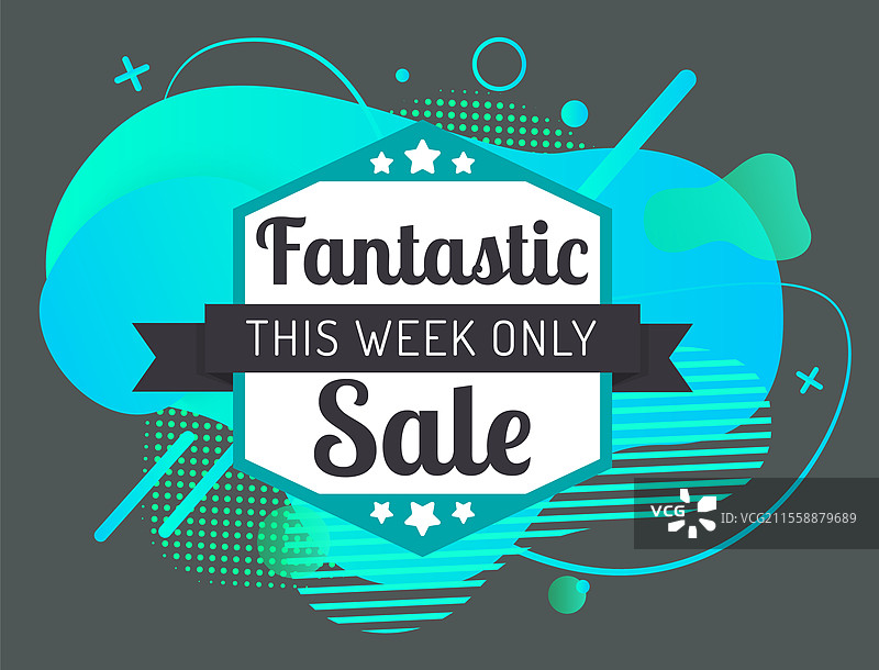 本周独家促销标签，带有数字斑点和心形图案，矢量星星和十字，蓝色溅墨购物标志广告。包含促销折扣和清仓信息的插图。数字溅墨和星星的精彩促销。图片素材