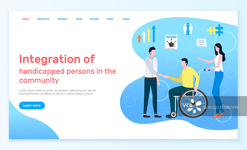 残疾人士在社区在线融合。坐在轮椅上的男性角色，人与人之间的合作与支持链接。网站或网页模板，扁平风格的着陆页矢量图。医疗服务网页残疾人士矢量图。图片素材