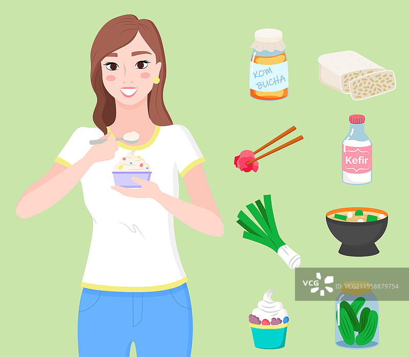 富含益生菌的菜肴和食材组合。有机餐饮与健康生活方式。女性正在吃酸奶。泡菜、康普茶、天贝、味噌汤和腌黄瓜的集合，矢量图。女性角色吃酸奶和餐点集合。图片素材