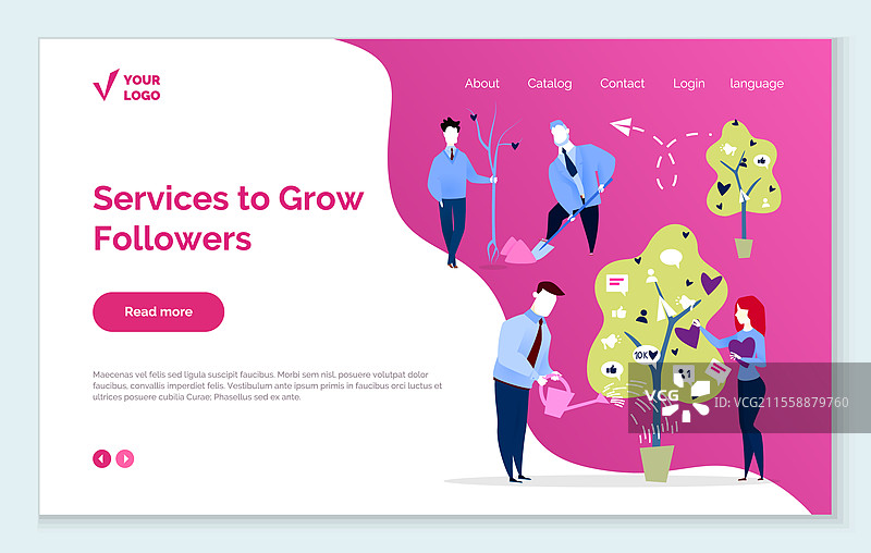 社交媒体关注者和点赞提升应用。用于增长社交媒体账户受众的服务。关心树的个人资料和用户信息。网站或网页模板，着陆页矢量图。媒体中增长关注者和点赞的服务。图片素材