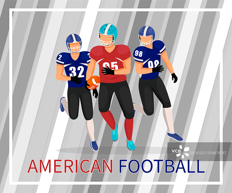 美式足球运动员在追赶持球者。美式足球比赛或赛事。人们在竞争中较量。年轻的大学队伍训练和练习技能。扁平风格的矢量图。美式足球运动员，橄榄球比赛海报图片素材