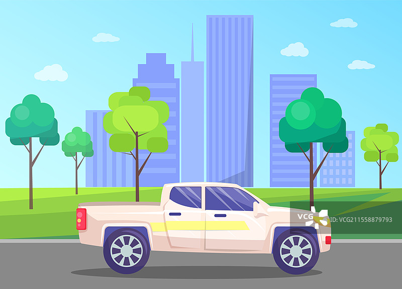 汽车驶过大城市的商业中心。摩天大楼和现代建筑的城市风景。天际线和道路上的车辆，周围有树木和绿化。夏季城镇景观和街道。扁平风格的矢量图。城市商业中心街道上的汽车。图片素材