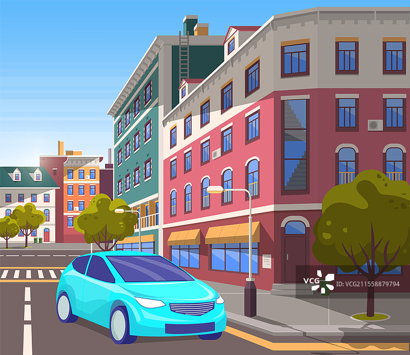 现代城市中心街道，现代建筑和装饰。汽车在现代城镇的道路上行驶。地产和建筑，城市景观与建筑物。城镇景观与车辆。等距三维风格的矢量图。城市中心的街道，汽车在路上转弯。图片素材