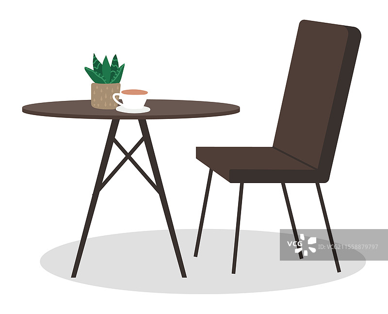 空椅子和餐桌或办公桌，上面有热饮杯和室内植物，背景为白色。没有人坐在椅子上，桌上有浓缩咖啡饮品和植物，象征厨房室内元素的矢量图。桌子上有咖啡和室内植物的室内矢量图。图片素材
