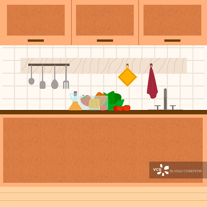 舒适的厨房内部，房间的家具。木质桌面和橱柜，厨房用具和产品。油和新鲜的蔬菜，如辣椒、卷心菜和西红柿放在表面上。平面矢量插图。厨房内部，厨房用具和产品，食品。图片素材