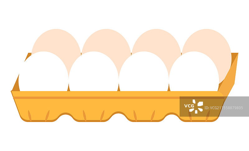 八个椭圆形的鸡蛋装在纸 carton 中。白色的蛋壳覆盖着其他鸡蛋。可食用的餐饮成分。白色背景下的独立有机产品包装。平面风格的矢量插图。纸 carton 包装中的椭圆形鸡蛋，有机产品。图片素材