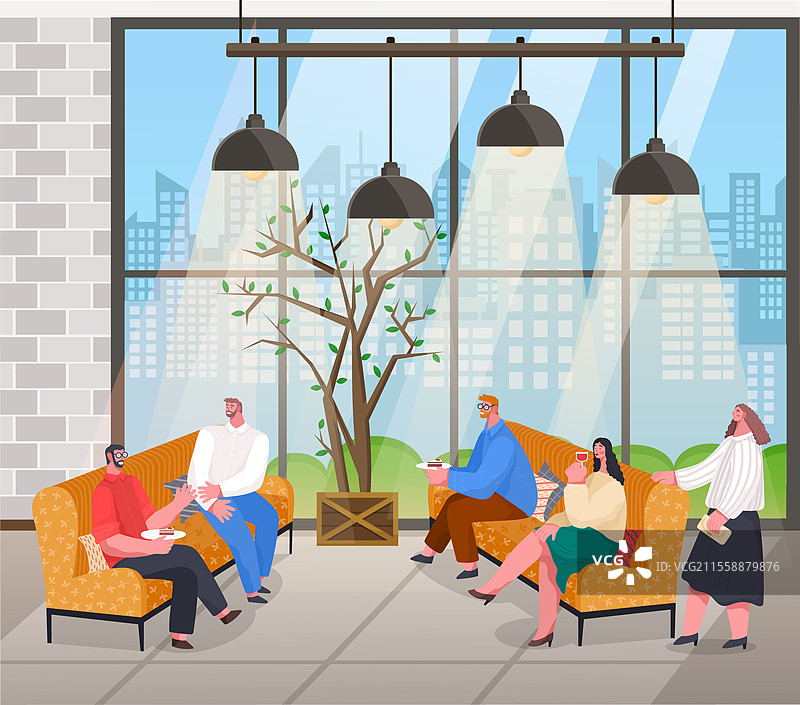 人们在家中接待处交谈，享用饮品和甜点。朋友们坐在沙发上一起度过时光，聊天。阁楼式室内，配有大窗户，可以看到城市景观。矢量插图。朋友聚会，温馨的交谈。图片素材