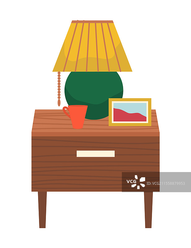 公寓或房屋的家具和装饰。床头柜上有灯、相框和杯子、咖啡杯。温馨的卧室家居室内环境。用于装饰的孤立物品。平面风格的矢量插图。卧室家具和装饰，带灯的桌子。图片素材