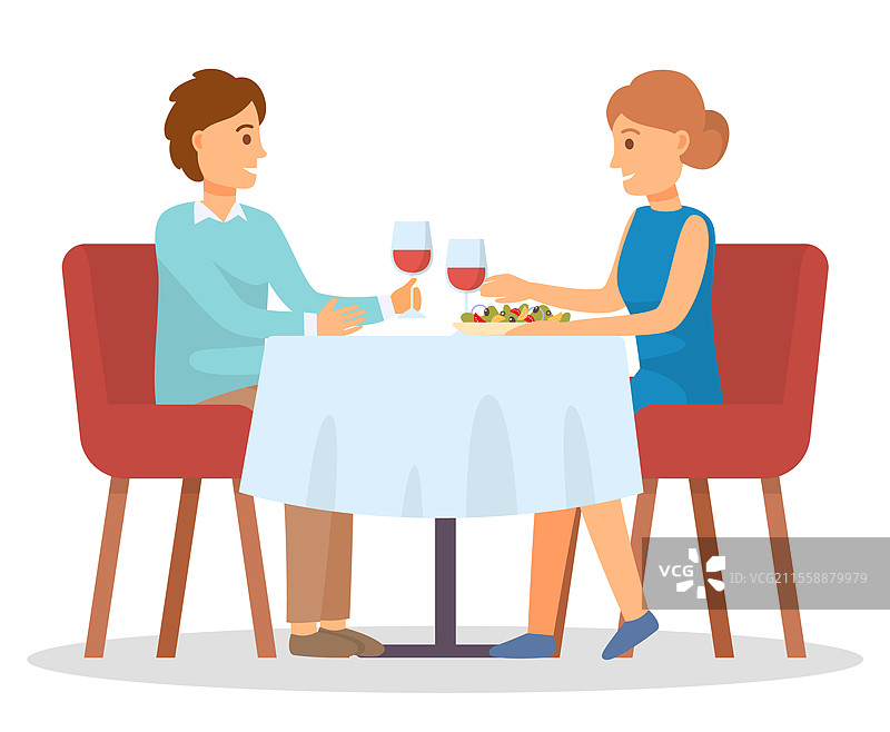 情侣在餐厅约会，喝着酒聊天。男朋友和女朋友庆祝周年纪念或节日。孤立的角色在浪漫的晚餐中。男人和女人手持酒杯，矢量图。男朋友和女朋友在约会喝酒。图片素材