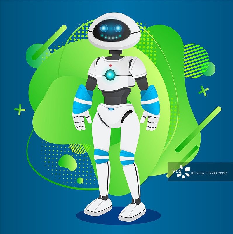 具有人工智能的人形机器人或半机械人。由网络技术创造的未来生物。现代机器人，拥有面孔和身体。创新电子技术的矢量等距风格。未来人形类人机器人矢量图。图片素材