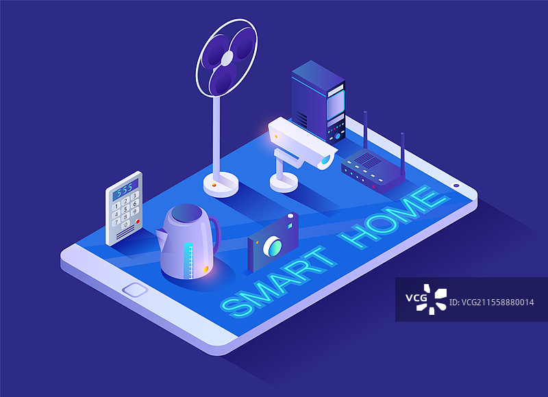 智能家居无线连接，远程控制家用电器，智能手机屏幕上的3D图标矢量图。对讲机和茶壶，风扇和监控摄像头。电脑和WiFi，等距图。无线电器和智能家居。图片素材