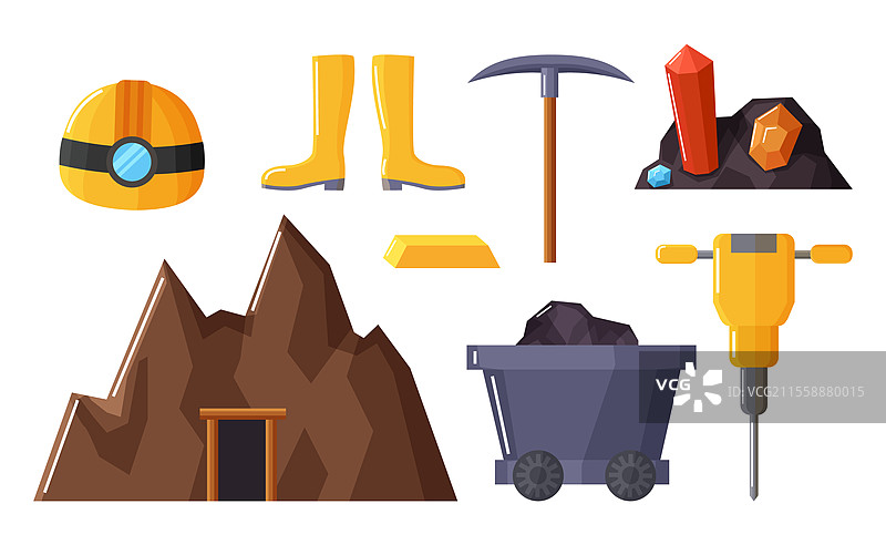 矿业工具和仪器的集合。孤立的图标包括雨靴、镐和宝石。矿山和装载煤炭的车、钻机或螺旋钻以及带手电筒的安全帽矢量图。矿业设备和物品矢量图。图片素材