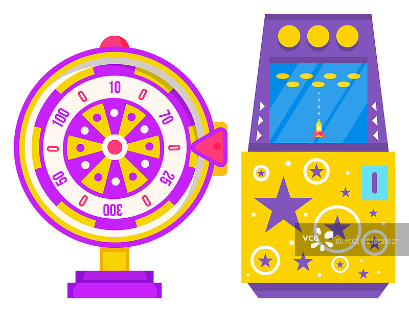 复古街机游戏机与星星和火箭。带有彩色扇区和数字的幸运轮，孤立在白色背景上。幸运轮盘，机会游戏。赌博和赌场概念的矢量插图。带火箭和幸运轮的老虎机矢量图。图片素材
