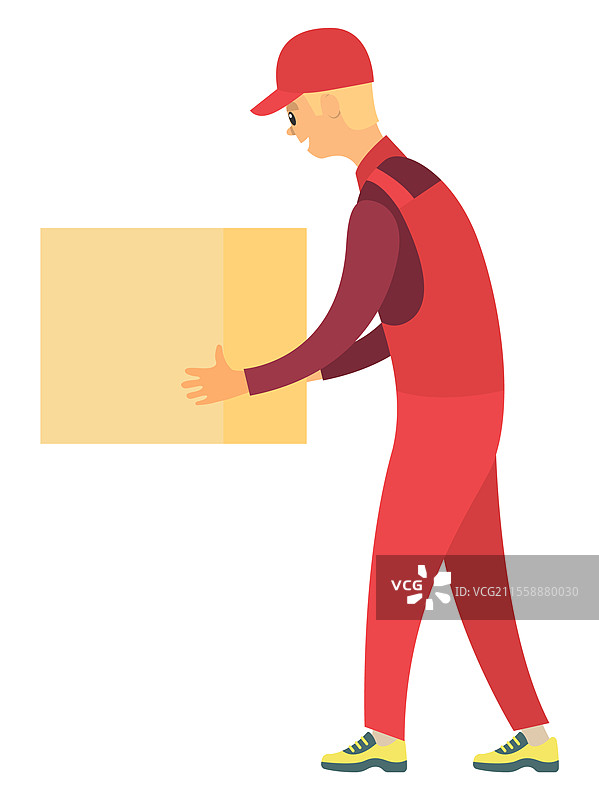 穿着红色制服的快递员在白色背景下搬运纸箱。纸箱容器，封闭包裹，包装。搬运的矢量插图。快递员搬运纸箱的矢量图。图片素材