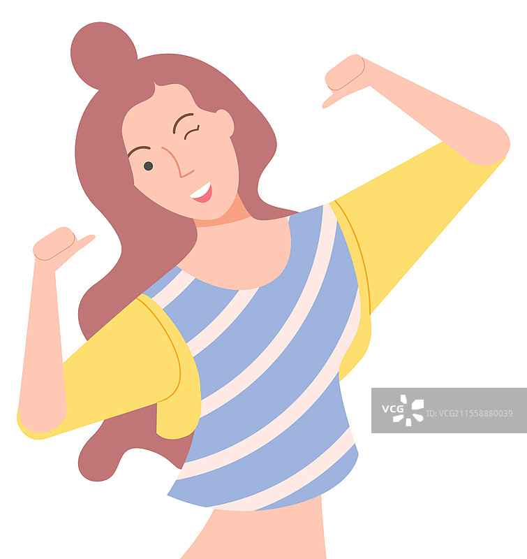 面带积极表情的女性角色矢量图，独立女性穿着短款上衣和夹克，做手势并微笑。眨眼的女孩拥有时尚的发型。快乐的女性眨眼并指向自己。图片素材