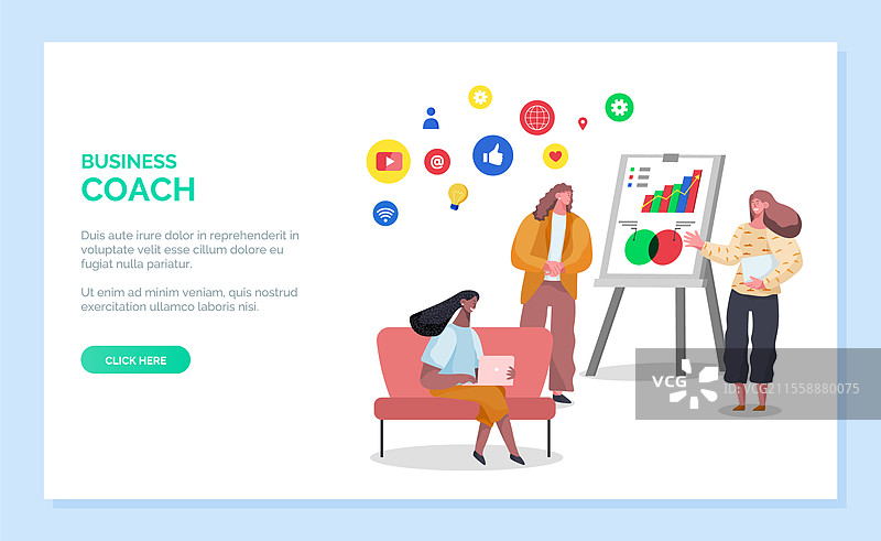 女性合作的在线商业教练，提供财务咨询。工人角色坐在沙发上使用笔记本电脑，同行讨论增长图表。网站或网页模板，着陆页矢量图。在线商业教练培训网站矢量图。图片素材