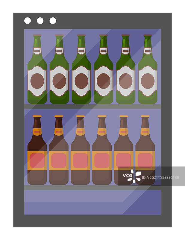 冰箱里的瓶子，玻璃杯中的啤酒或麦酒带标签。电子冷藏架上的酒精饮料，饮料容器，庆祝派对的元素矢量图。冰箱里的啤酒，冷藏容器中的饮料矢量图。图片素材