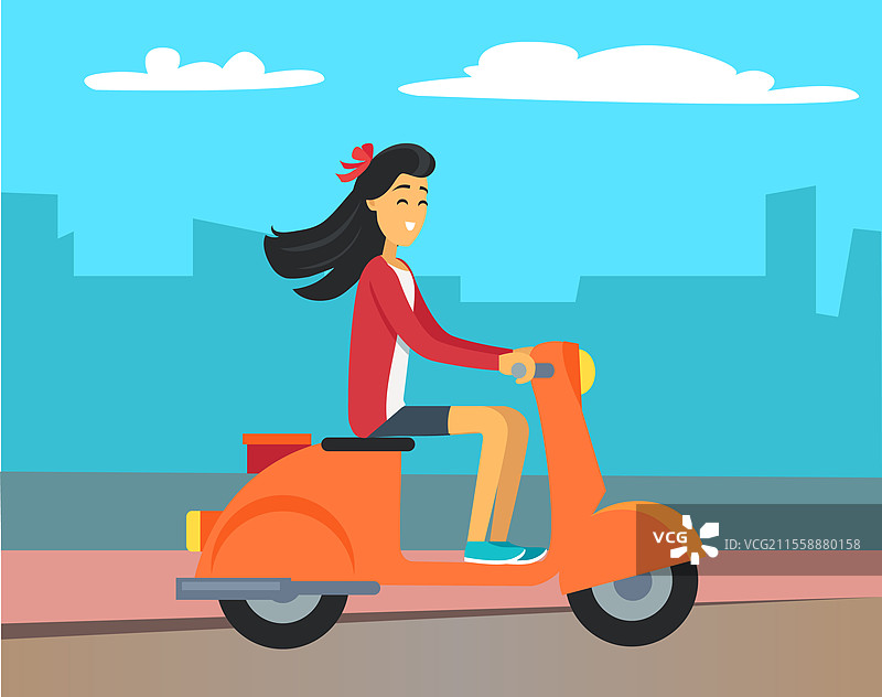 棕发女性骑着滑板车在沥青路上。女孩在户外驾驶橙色摩托车。背景是建筑物和摩天大楼的轮廓，城市风景。平面风格的矢量插图。女性驾驶滑板车，建筑物轮廓。图片素材