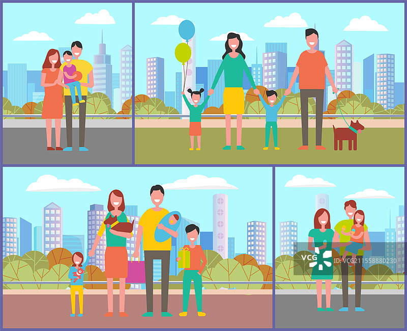 公园里的人们在散步和放松，家庭由父亲、母亲、孩子和宠物组成，在公园里漫步。男性抱着孩子，身边有一只狗。家庭在公园度过快乐的一天，秋季场景。图片素材