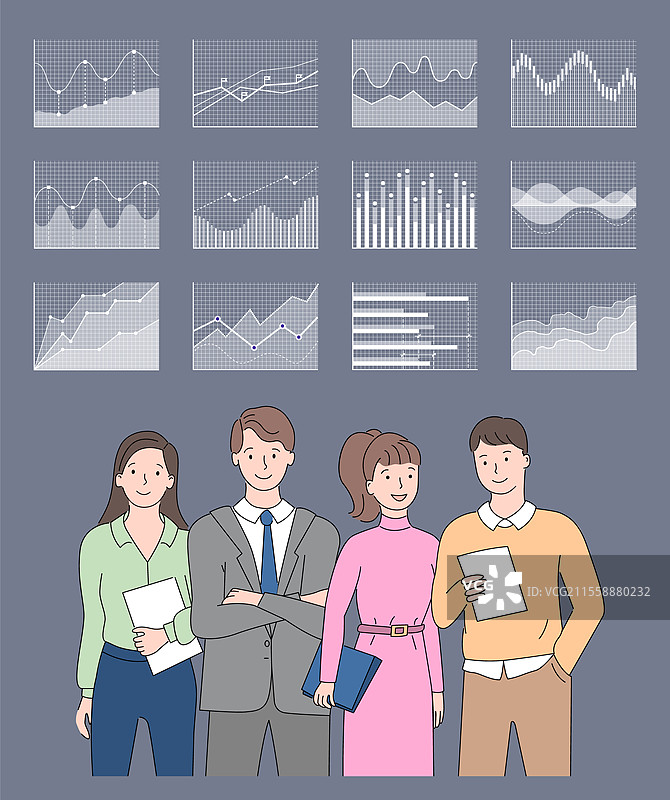 以视觉形式呈现的信息矢量，商业团队公司同事在新项目上工作，手持文件和纸张的人，单色饼图。商业人士与信息图表、方案和信息。图片素材