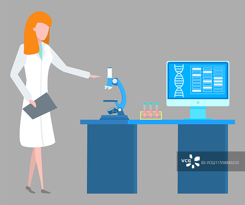 科学与医疗护理矢量图，实验室内有电脑和显微镜。分析与诊断实验室，医生手持夹板文件，患者的结果。实验室中的科学研究医生矢量图图片素材