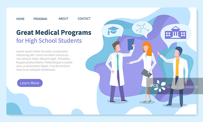 高中生医学项目网页着陆页模板矢量图。医疗行业，医生团队，穿着白色医院袍的男女。科学家们准备大学主页插图。医生教育项目，医科大学。图片素材
