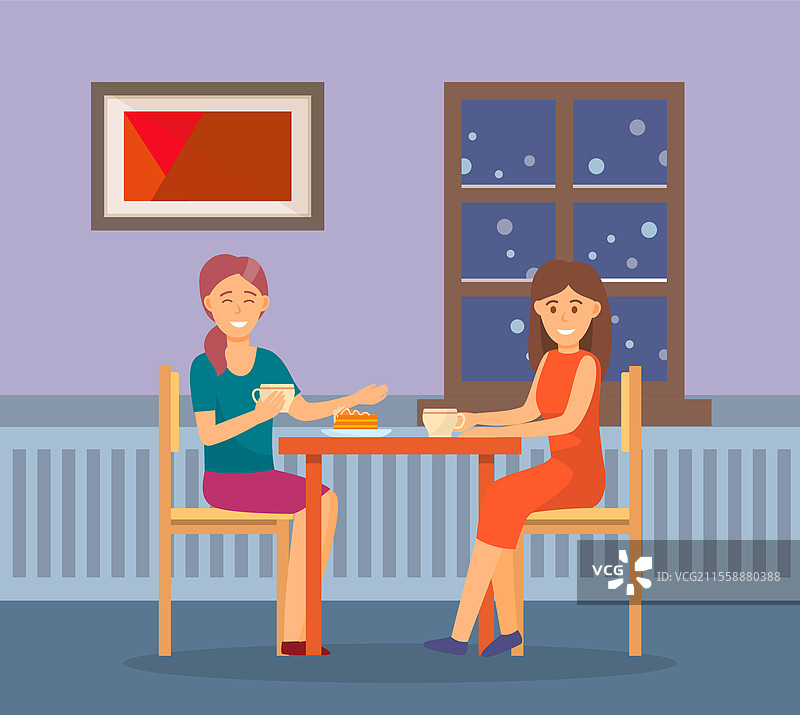 朋友们在家里共度时光。两位女性进行亲密交谈，聊天。人们喝咖啡，吃蛋糕。温馨的公寓室内。扁平风格的矢量插图。两位女性的亲密交谈，朋友聚会。图片素材