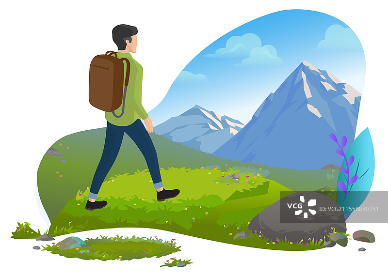 登山者或背包客，山中的男士，旅行者或游客矢量图。背包男士与自然野外，旅行与旅游，积极的休闲或运动。山中的男士，登山者或背包客，旅行者。图片素材