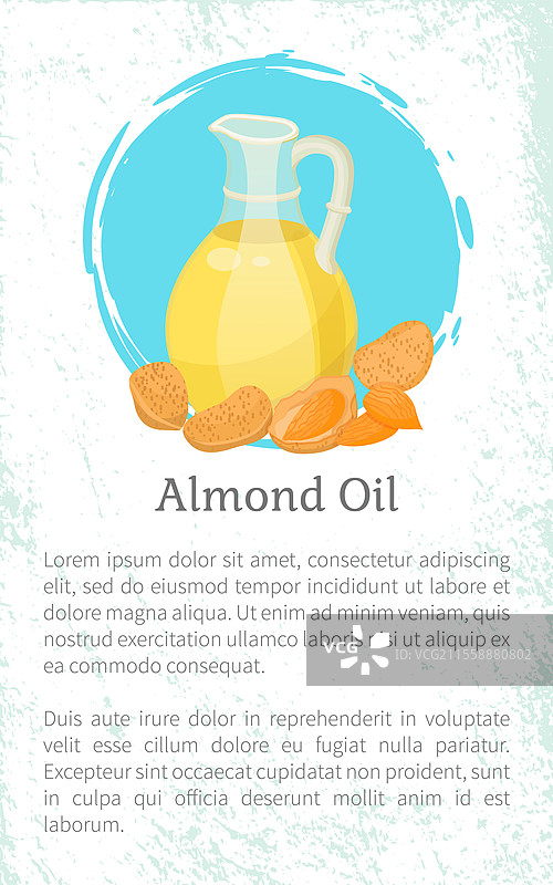 杏仁坚果和玻璃瓶中的油堆叠符号。鳄梨油食谱的矢量图，包含用于头发或身体护理的天然成分的模板。带有水疗素食产品和文字的卡片。玻璃明信片中的杏仁坚果护发油矢量图。图片素材