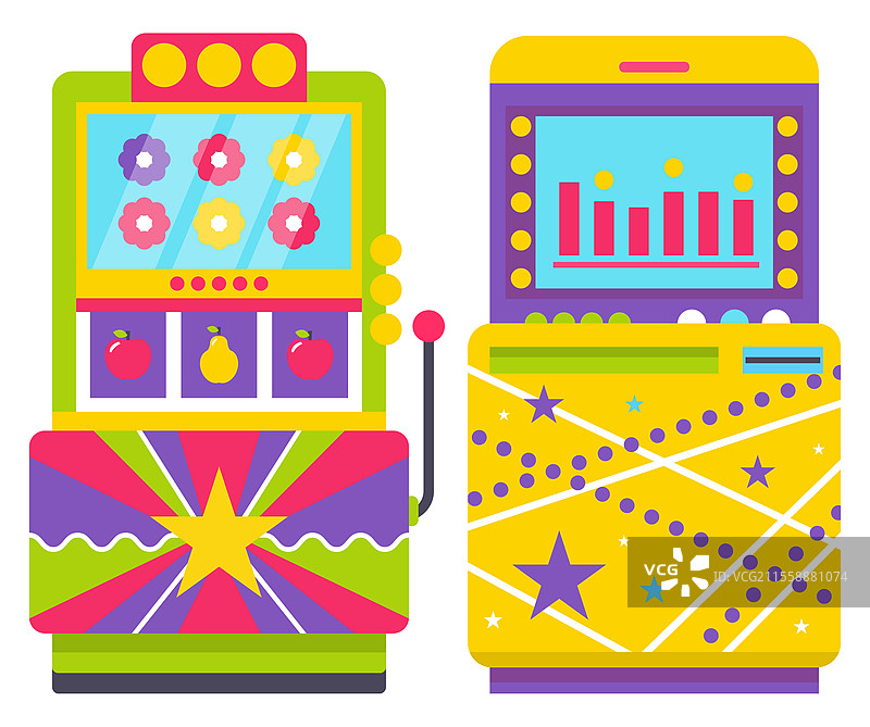 复古街机，带有五彩缤纷的花朵和水果的老式游戏机，孤立在白色背景上。老派娱乐，游戏机设备，游戏室矢量图。两台色彩斑斓的复古街机游戏机矢量图。图片素材