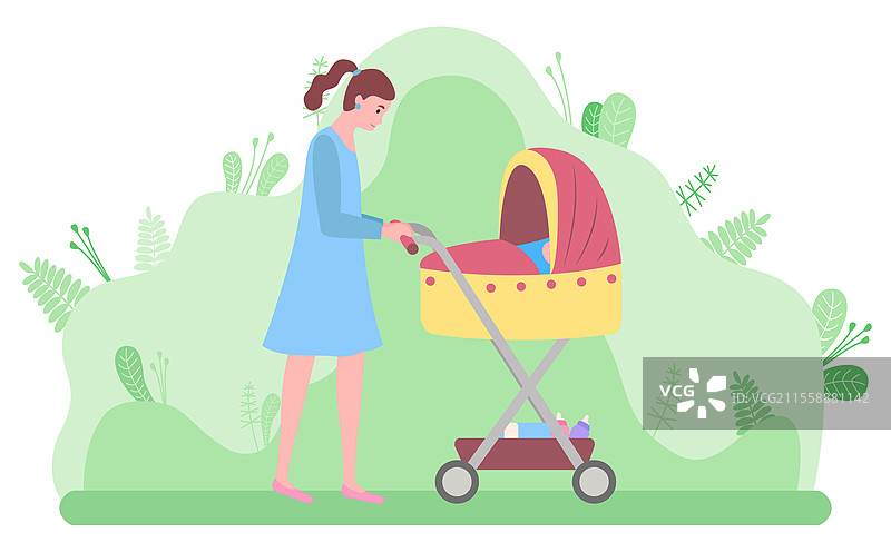 母亲与新生儿在婴儿车中散步的矢量图，快乐的母亲在公园中与灌木和绿树放松。图片素材