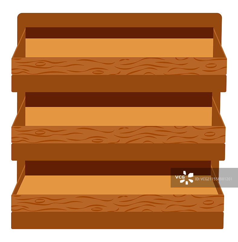 木质材料制成的架子。用于展示和存储物品的独立家具。用于放置物品的桌子。商店中用于展示产品的老式板子。家居室内市场矢量图。适用于家居或商店的木制家具架子盒。图片素材