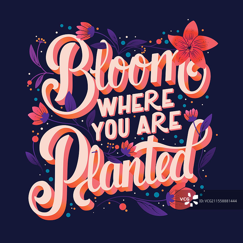 色彩缤纷的手写装饰字体设计，配有花朵和装饰。春季手写插图设计。图片素材