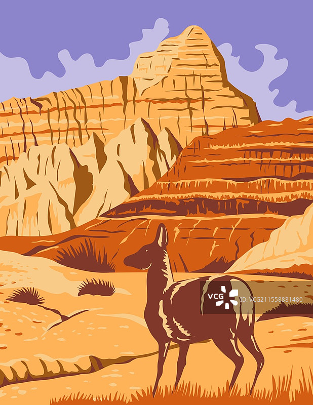 南达科他州坏lands国家公园的WPA海报艺术，展示了由丘陵、峡谷、尖峰和塔尖组成的迷人景观，采用了工作项目管理或联邦艺术项目的风格。图片素材