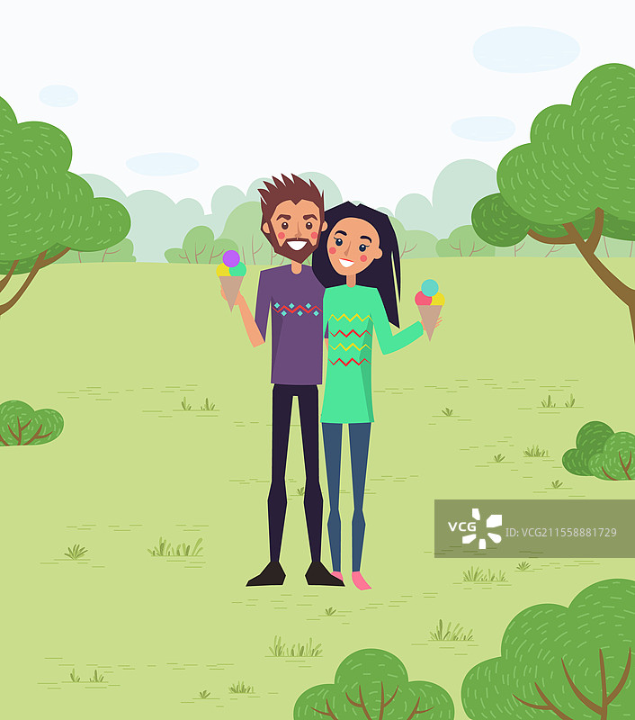 一对年轻情侣在享用冰淇淋。男女在公园散步并拥抱。浪漫约会，恋爱概念的矢量插图。快乐的情侣散步并吃冰淇淋的矢量图。图片素材