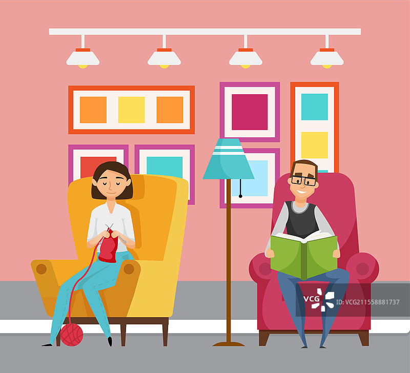 在家中坐着的男女插图，女士在编织，男士在阅读书籍。家庭的休闲时光，放松与娱乐。家中阅读书籍的男女插图。图片素材