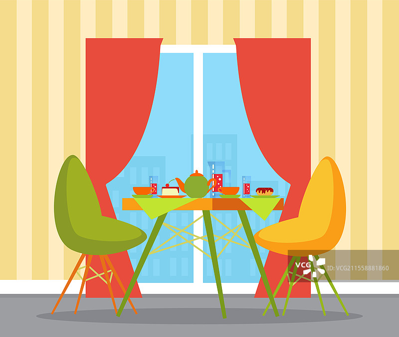 食品和饮料，咖啡馆桌子，室内和家具矢量。蛋糕和甜甜圈，茶和柠檬水，窗户和窗帘，咖啡厅室内设计，甜点。咖啡桌，食品和饮料，室内家具图片素材