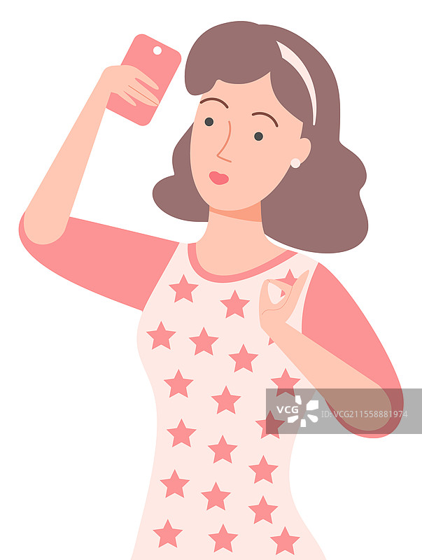 女性角色矢量图，孤立的女性手持手机，做手势并自拍。现代相机拍摄的时尚女士扁平风格。女性手持智能手机自拍矢量图。图片素材