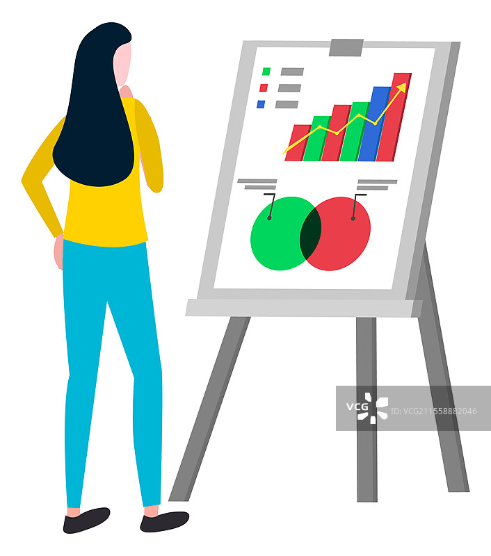 女性分析财务增长和统计数据，投资者调查市场的销售和购买。矢量金融分析，女性在经纪交易公司工作。女性分析财务增长和统计数据。图片素材