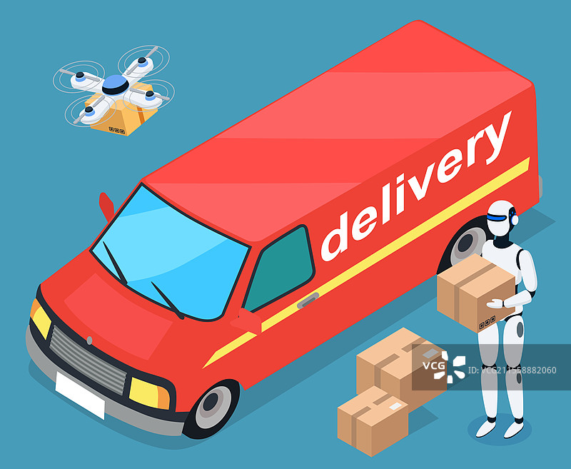 机器人角色正在执行客户订单。箱子和货物的交付与运输。无人机携带纸箱飞行。装有产品的汽车，物流服务。等距矢量图。未来的交付，机器人和无人机快递员。图片素材
