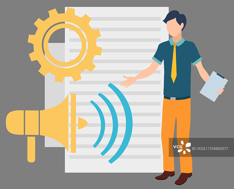 扩音器和文件纸张的矢量图，角色是正在工作的初学者，手持夹板。齿轮象征着办公室工作人员的流程开发，男性初学助手与文件、扩音器和齿轮。图片素材
