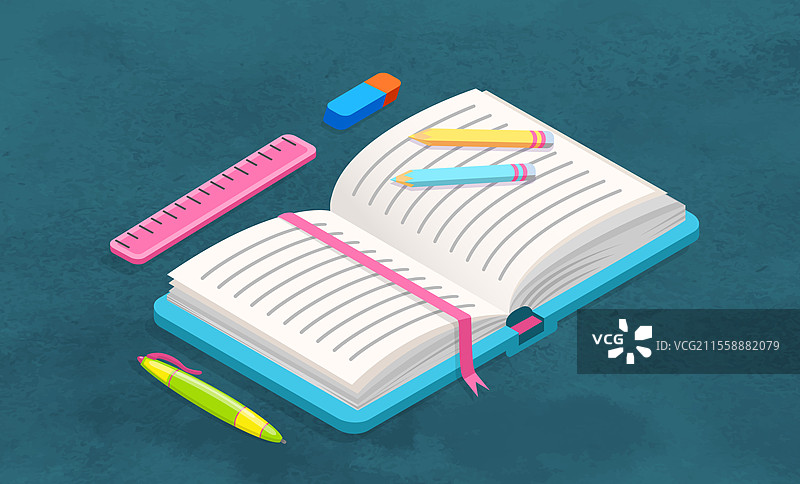 打开的硬壳教科书，白色书页。教育、学习和办公室工作的用品。学校用品，如书本、钢笔、铅笔、尺子和橡皮擦。平面风格的矢量插图。书籍和文具，学习和工作的用品。图片素材