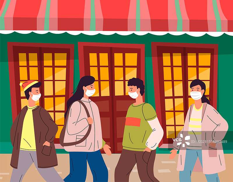 人群违反隔离和自我隔离规定。男女在公共场所佩戴医用口罩，但没有保持安全距离。年轻人在疫情期间户外的矢量插图。人们在购物中心附近的公共场所佩戴防护医用口罩，违反隔离规定。图片素材