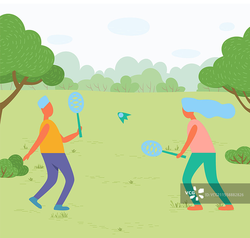 公园草地上女孩和男孩打羽毛球，户外活动或运动，球拍和羽毛球，草地和自然，运动器材，树木和灌木丛。图片素材