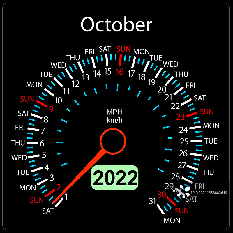 2022年汽车速度表的十月日历图片素材